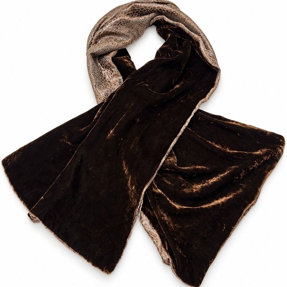 Vintage Reversible Velvet Scarf Wrap Brown Metallic Snakeskin 67X18 Goth Witchy